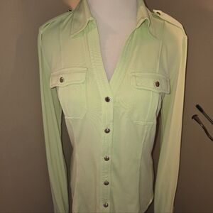 💚 CACHÉ Lime/Neon Green Stretchy Button-Front Blouse | NWT | Size S 💚